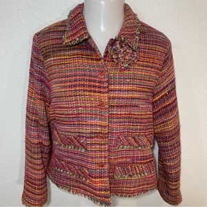Vintage Anage Pink Colorful Tweed Blazer Jacket Size Large Rainbow Flower Fringe